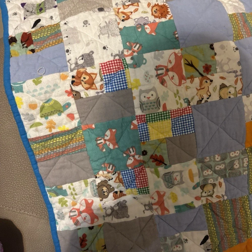 New Hand Sewn Baby Quilt‎ Woodland Whimsy Fox Owl Deer Porcupine Bear Animals